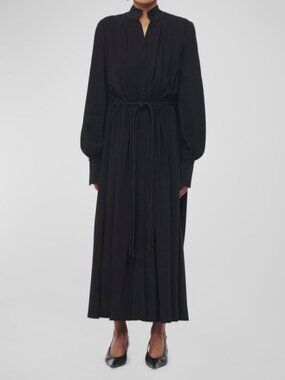 Another Tomorrow Women's Black Long Pleated Drawstring Shirtdress Size 40